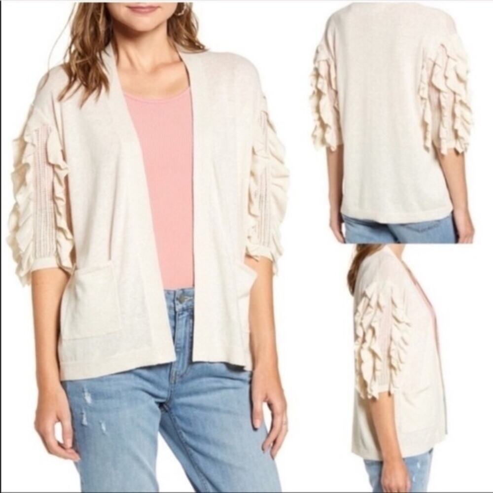 Rachel Parcell Ruffle Sleeve Cardigan Oatmeal S